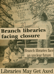A collage of three related headlines over a photo of a family protesting with a sign that says Support your Libraries! vote YES! on Question 2.