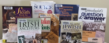 Library books on genealogy.