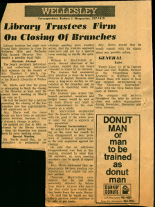 A newspaper clipping. The title of the article is Library Trustees Firm On Closing Of Branches.