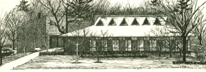 A black and white drawing of the renovated library.