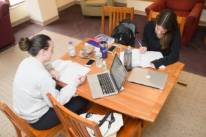 Two young adults working together with their laptops at a desk on the second floor.