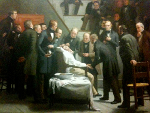 A painting of Dr Morton in a surgery theater with onlookers.