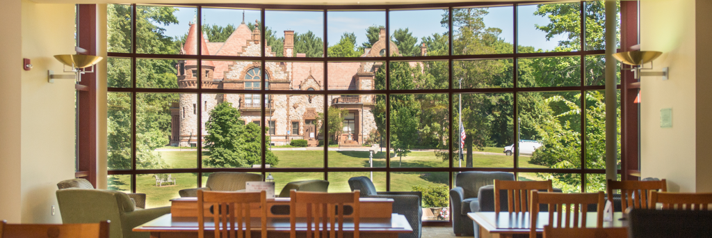 View of the town hall through the Library windows.