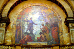 Mural of John Eliot and Native Americans.