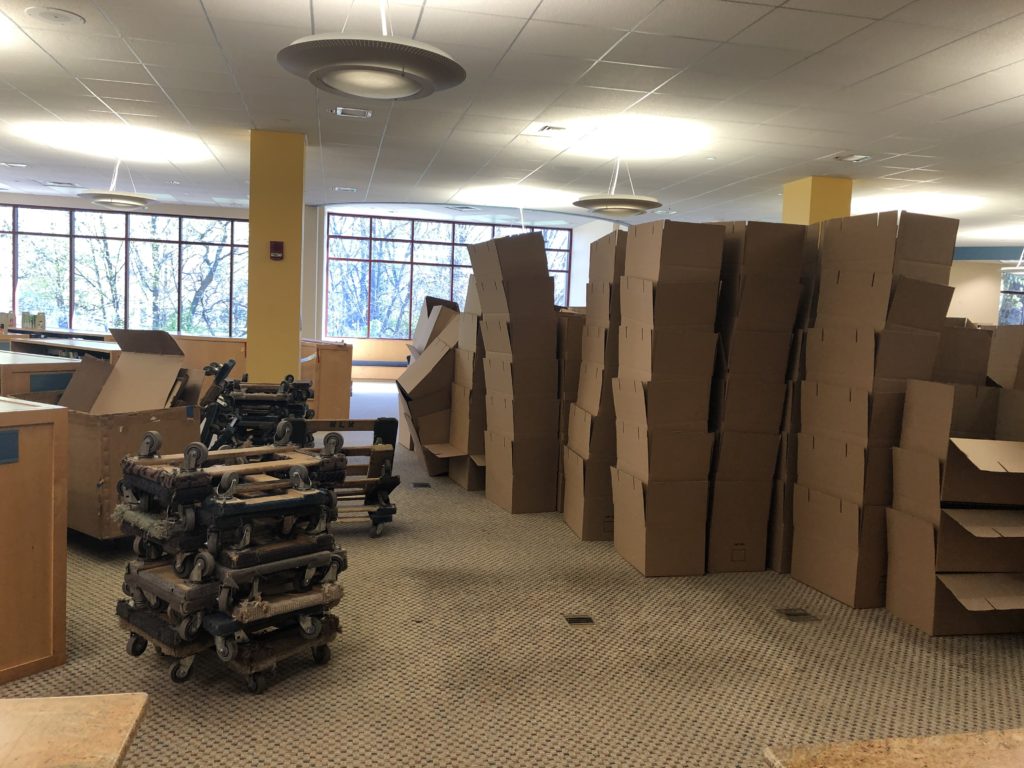The old children's room, nearly overrun with very tall stacks of empty boxes.