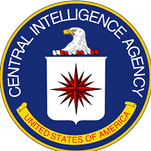 Emblem of the Central Intelligence Agency white eagle head above red compass on a blue background