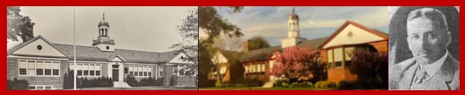 One historical photo of the Hardy school next to a modern photo of the same building, grouped with a photo of John D Hardy.