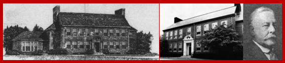A detailed black and white image of the Perrin School building next to a more modern photo of the building, that is still black and white. Next to these is a photo of Marshall Livingston Perrin.