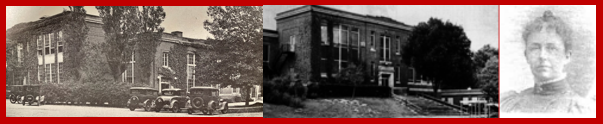 Two photos of the Phillips school, both black and white, though one is clearly older. Next to these is a photo of Alice Louisa Phillips.