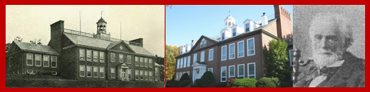 A historical photo of the Kingsbury school building next to a modern photo of the condo complex the building is used for now. Next to these is a photo of Luther Allen Kingsbury.
