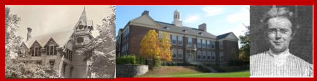 A historical photo of the Warren school building next to a modern photo of the same building. It is hard to recognize them as the same building because it has changed so much over time. Next to these is a photo of Annie Francis Warren.