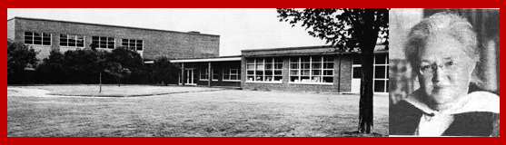 A historical photo of the Bates school alongside a photo of Katharine Lee Bates.