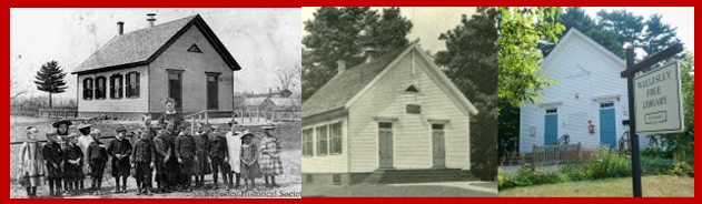 Three photos of the same building. The oldest photo has the one-room schoolhouse behind a class of students. The second photo is still fairly old, but the schoolhouse has a tall grove of trees behind it that weren't there in the first. The third photo is a modern photo showing the Library sign in front of the building.