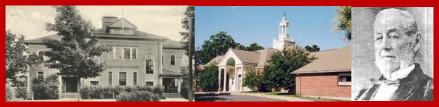 A historical photo of the Hunnewell school, next to a modern photo of the same school. The building looks fairly different over time, amongst other things, it has a tower or cupola in the modern photo. Next to these both is a photo of Horatio Hollis Hunnewell.