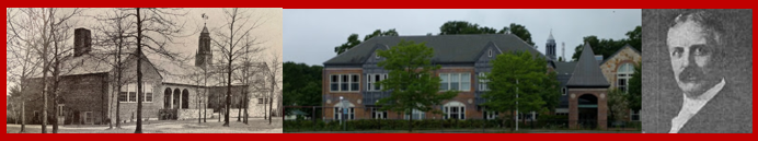 A historical photo of the Sprague school next to a modern photo of the same building. Renovations have made the building recognizably different over time. Next to these is a photo of Isaac Sprague. 