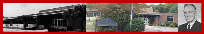A historical photo of the Upham school next to a modern one of the same building. Next to both of these is a photo of Ernest Francis Upham.