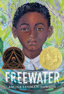 Cover of "Freewater" by Amina Luqman-Dawson: a painting of a boy, looking forward from water and trees