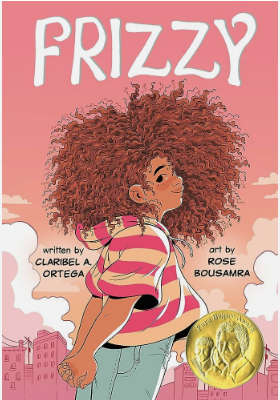 Cover of "Frizzy" by Claribel Ortega - girl in striped sweatshirt and lots of curly hair in front of a pink sky
