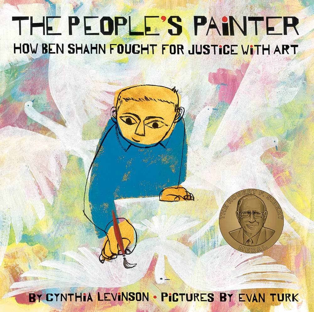 Painted cover of "The People's Painter" book list, with a portrait of a person painting swans