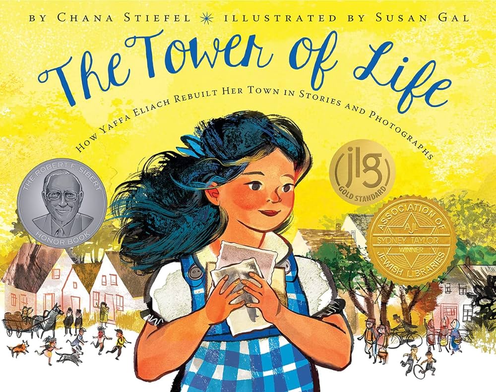 Cover of "The Tower of Life," with a child holding photographs in front of a town