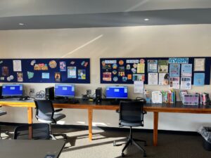 The High School Room's computer desks with 3 computers.
