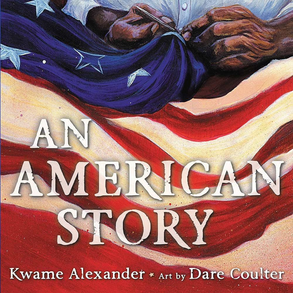 An American Story book cover, with Black hands sewing or repairing an American flag
