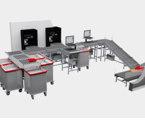 A diagram of the Automated Materials Handler. There are conveyor belts that lead to large book bins.