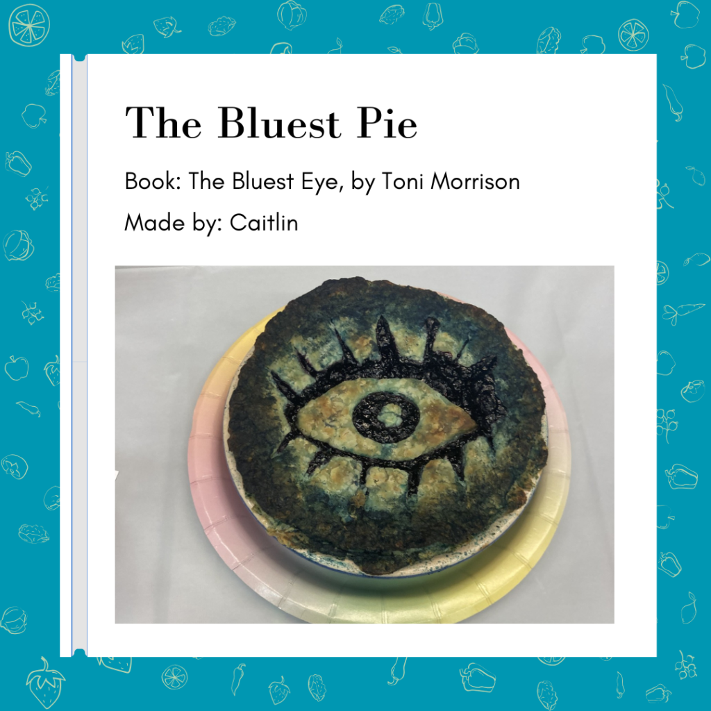 Blueberry pie with an eye carved into the top, complete with pupil and eyelashes.