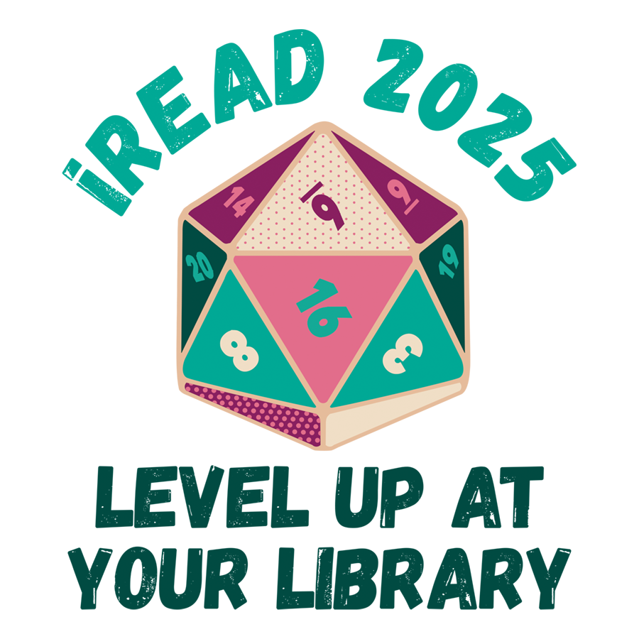 Image of a blue, cream, green, pink, and purple D20 die with text saying 