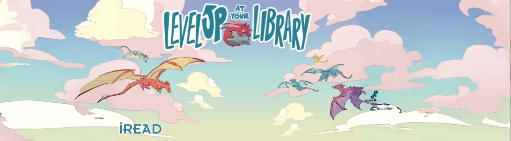 Banner image for Summer Reading 2025: Level Up! Description: purple, pink, blue, and red dragons fly in front of a pink-clouded sunset sky
