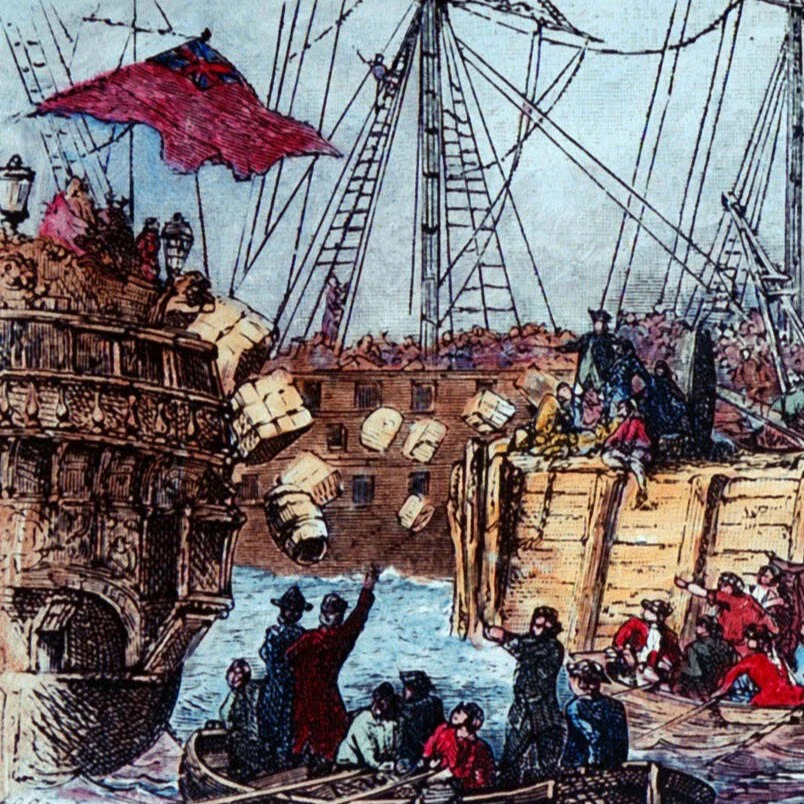historical painting of Boston Tea Party. Crates of tea are being dumped over the sides of wooden vessels into Boston Harbor