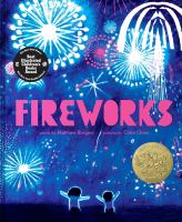 Cover of "Fireworks" by Matthew Burgess. Image description: deep blue sky with light blue and pink glowing fireworks and pink text with the title and author information. Two children sit on the ground facing away from the viewer and looking up.
