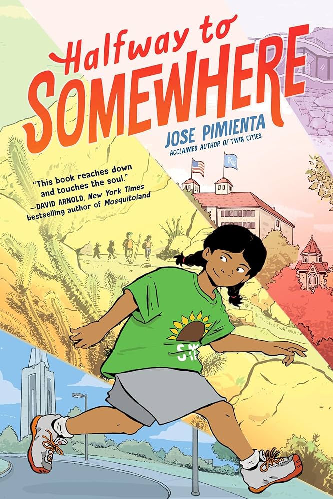 Cover of "Halfway to Somewhere by Jose Pimienta. Image Description: tween with brown skin and braided pigtails, wearing a green t-shirt with a sunflower on the front, grey shorts, and sneakers walks across the page, in front of slanted stripes depicting blue city, yellow desert, red embassy, and purple school.