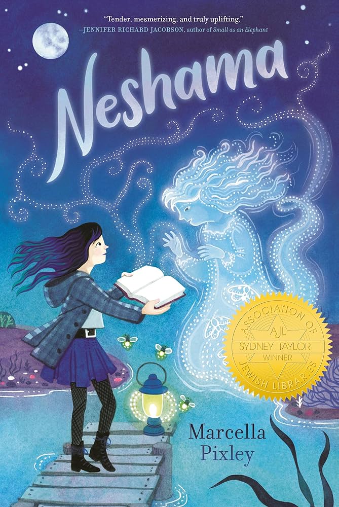 Cover of "Neshama," by Marcella Pixley. Image description: a girl with light skin and wavy purple hair holds a book out to a ghostly woman made of a stylized steamy substance. The purple=haired girl stands on a dock over water. The book's title rises above the two figures, and a Sydney Taylor gold medal sits at the bottom right of the page.