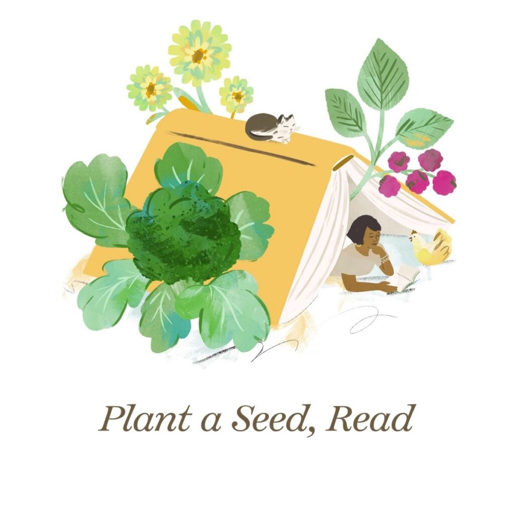 Woman reading beneath a giant book, with plants growing from it and a cat perched on top.
