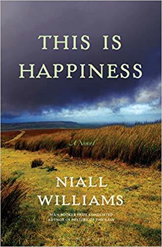 Cover for Friday Morning Book Group book "This is Happiness by Niall Williams. Cover depicts a grassy field with storm clouds.