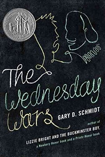 Book cover for "Wednesday Wars" by Gary D. Schmidt. Cover depicts cursive book title, and black and white outline of man and woman.