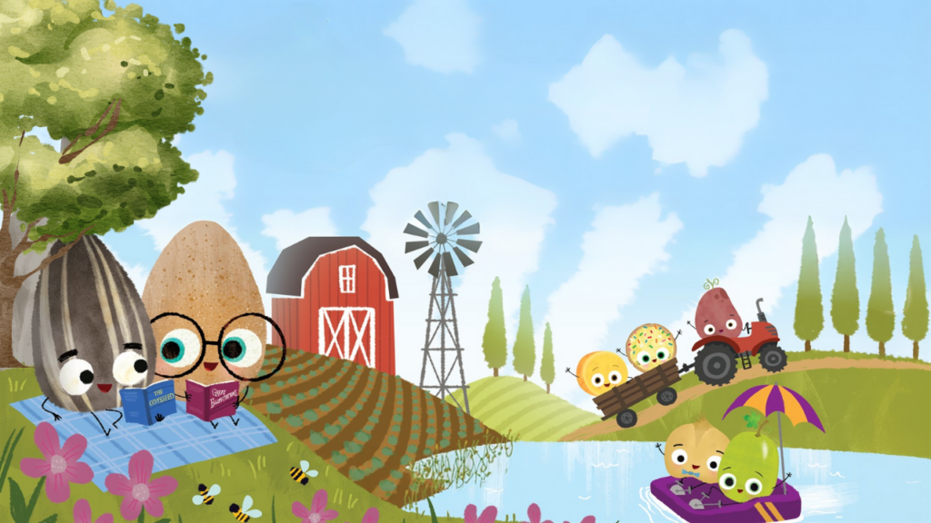 Illustration of fruit, vegetables and nuts reading on a picnic blanket, playing on a tractor, and on a pedal boat on a pond