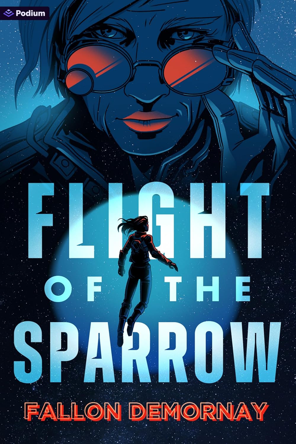 cover art for "Flight of the Sparrow." Cover depicts animated photo of a woman floating in space. Above her, a larger-than-life woman looks down with red sunglasses.