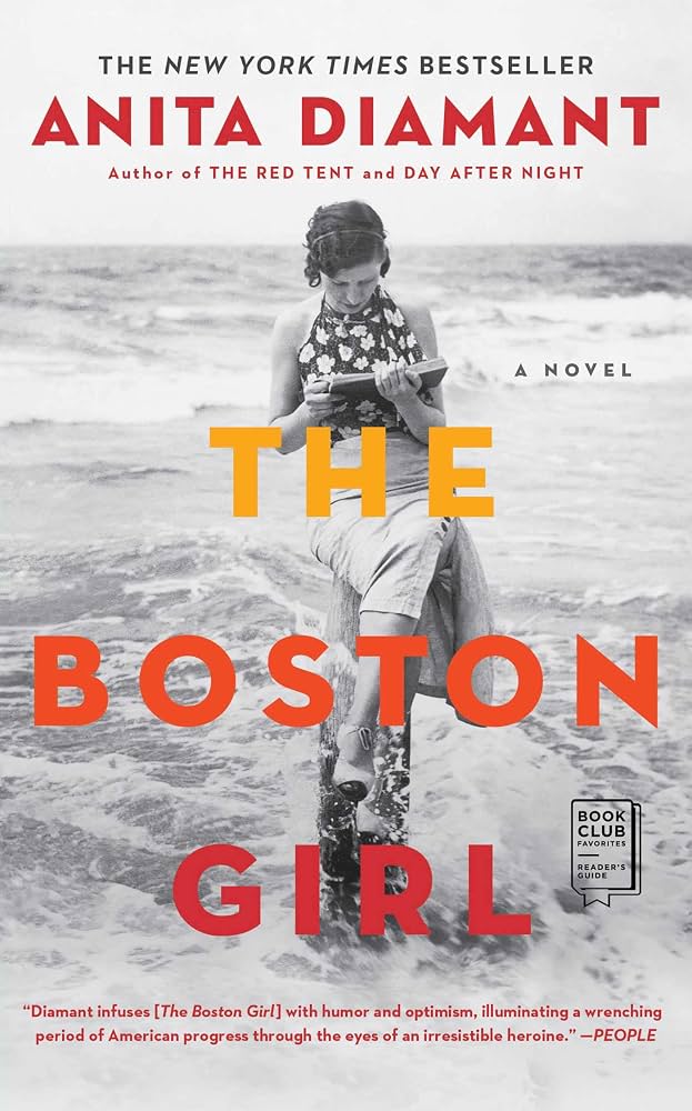 Cover art for "The Boston Girl." Cover depicts black-and-white photo of a woman sitting atop a wooden pillar in the ocean.