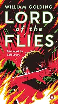 Cover art for "Lord of the Flies." Cover depicts cartoon photo of a young boy running through fire.