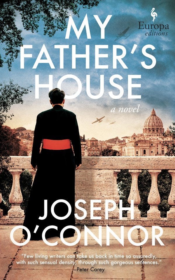 Cover for book titled "My Father's House." Cover features image of the backside of a Monsignor adorned in a black robe with a red belt. He is looking over a gloomy Vatican city. The sky is dark and full of military planes.