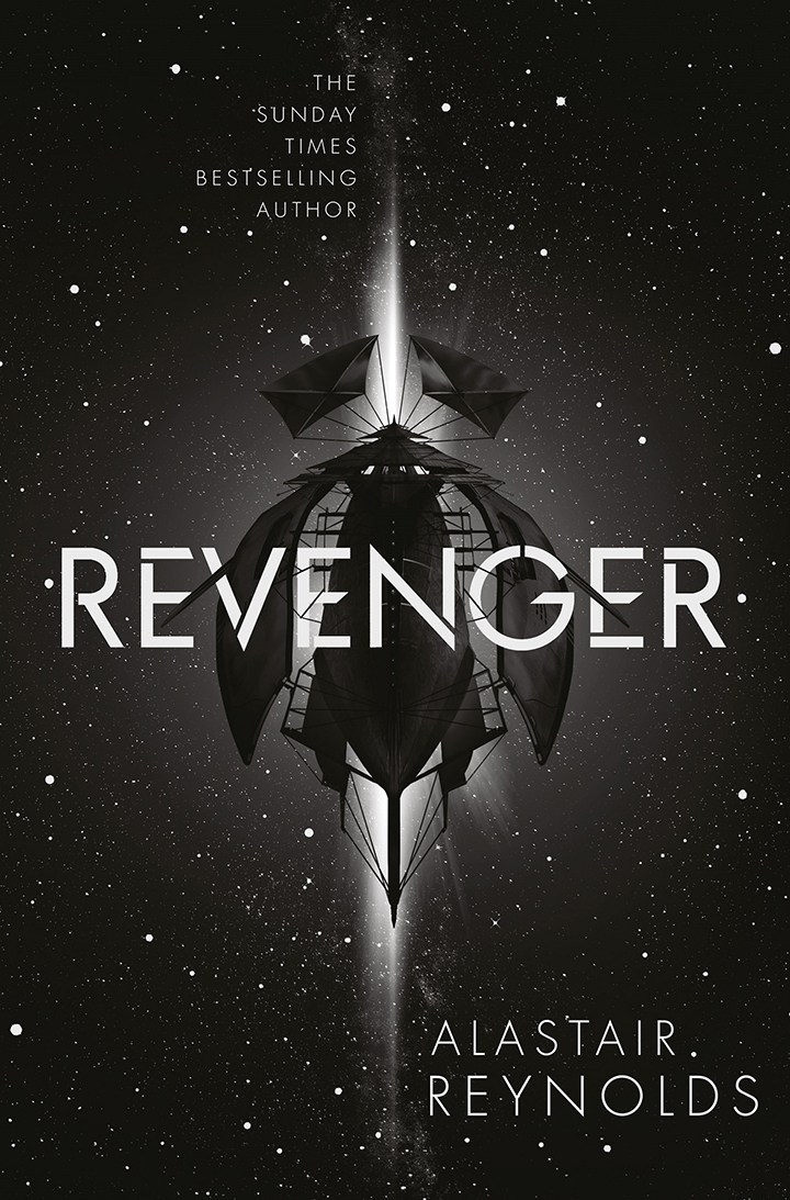 cover art for Revenger by Alastair Reynolds. Cover depicts a dark space background with a space ship in the center.