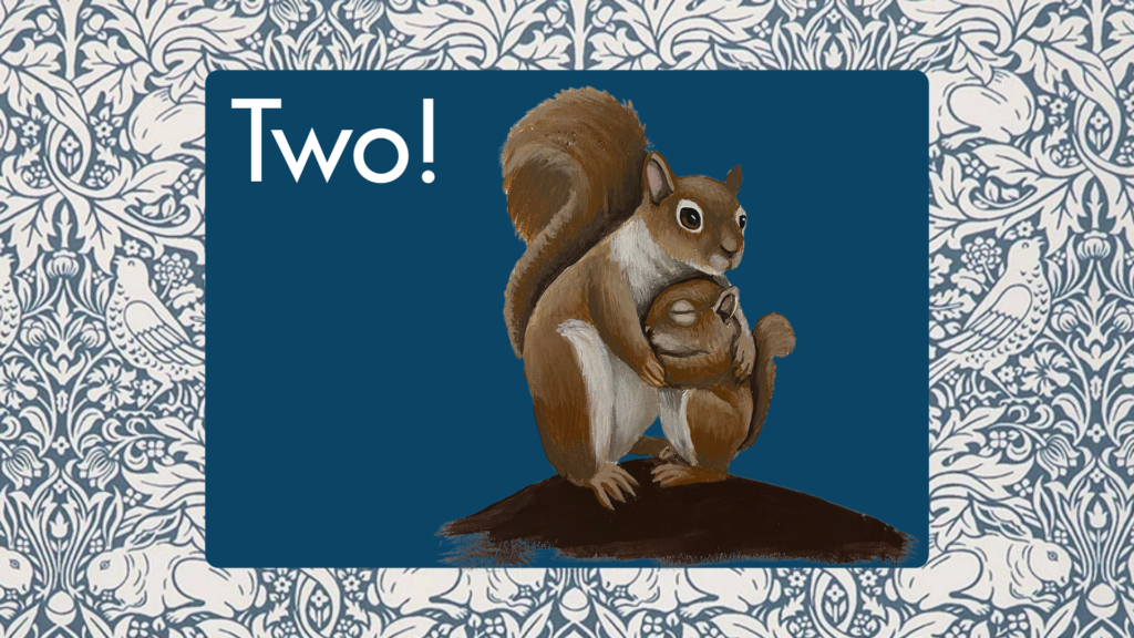 Painting of a mother and baby squirrels. Background is blue and white rabbit patterns.