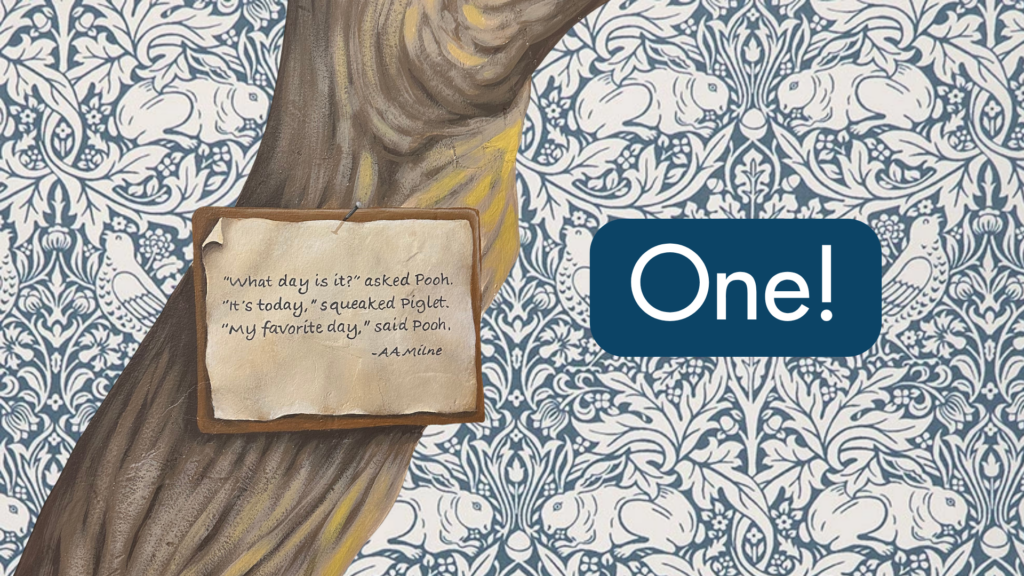 Painting of a tree with AA Milne quotation. Background blue and white pattern with rabbits.