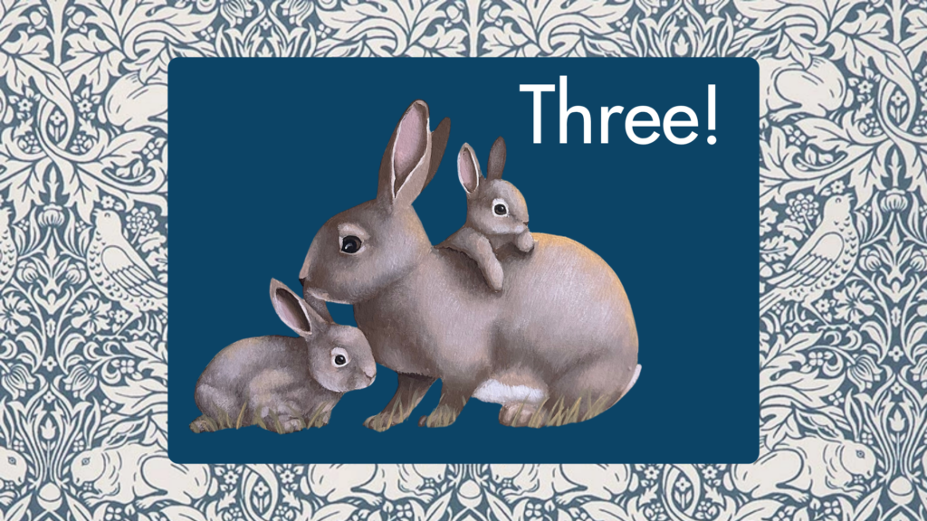 Painting of a mother rabbit and two babies. Background is blue and white pattern with rabbits