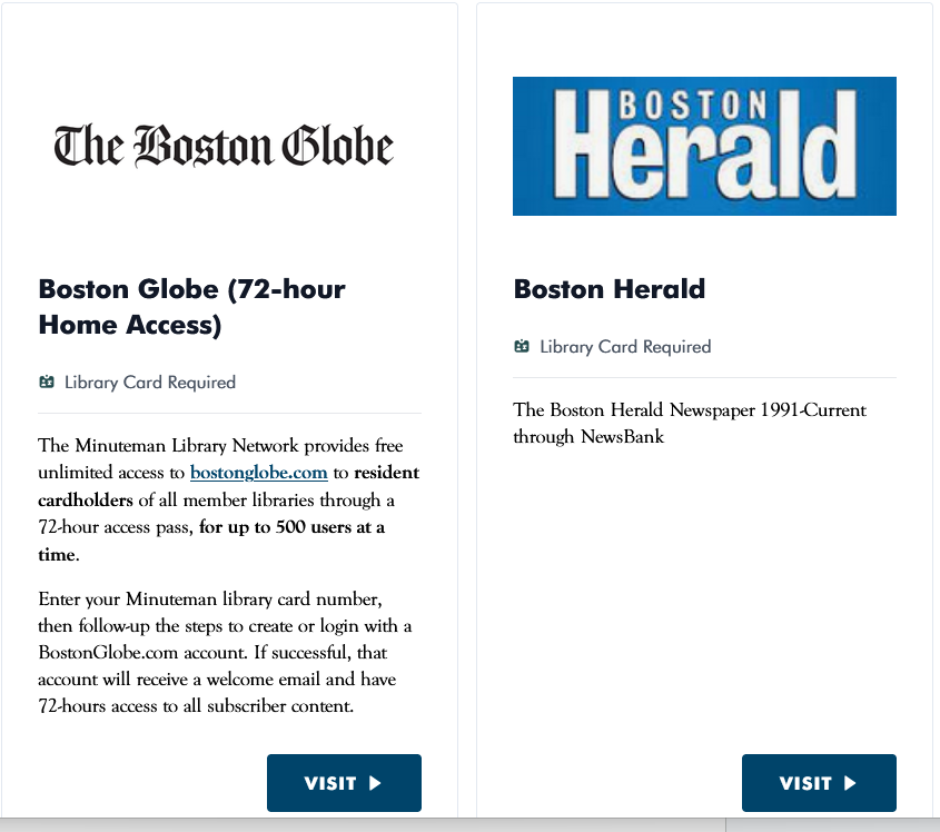 A screenshot of the access page for both The Boston Globe and the Boston Herald. Both require a library card to gain access.